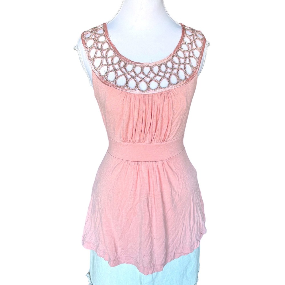 Y2K Forever 21 Sequin Tunic Top Pink Empire Waist Tie Back Tank Fairy Whimsy XS